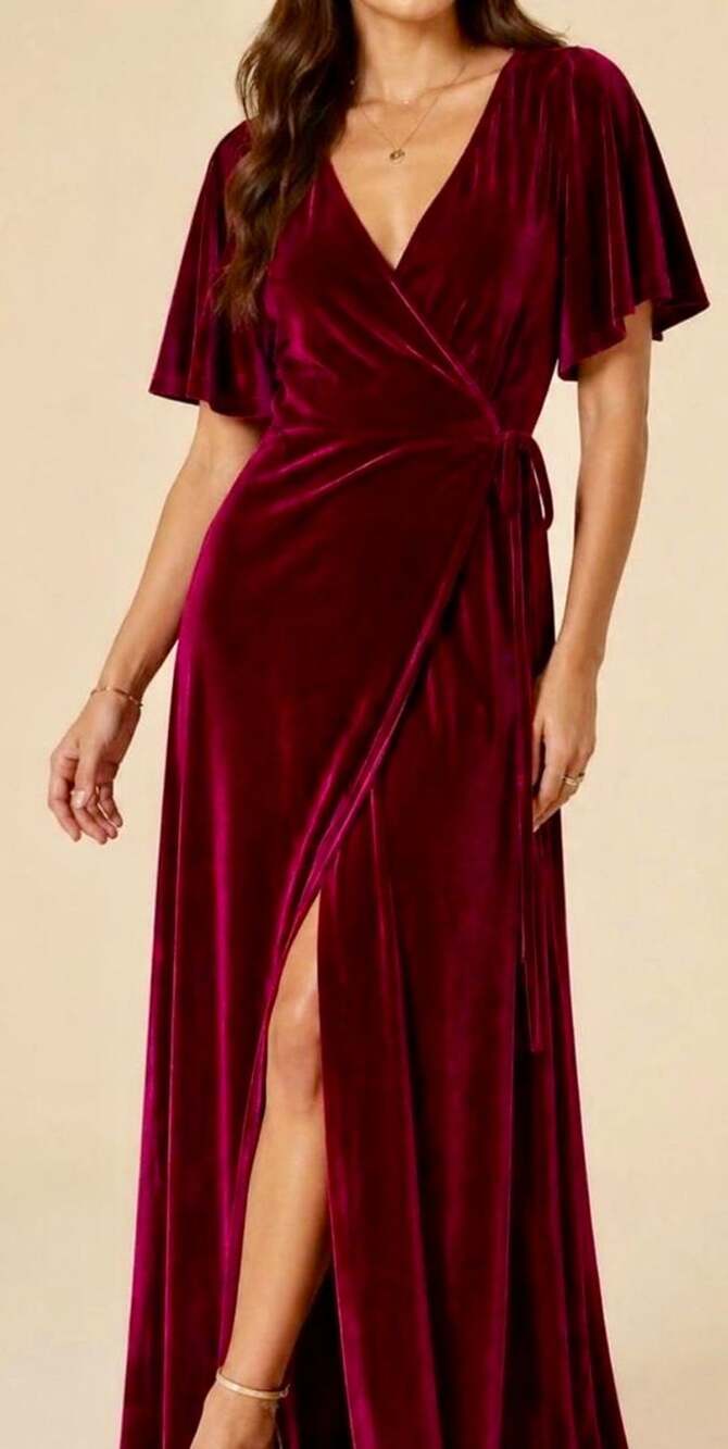 Baltic Born Velvet Wrap Maxi Dress Women’s S Burgundy Wine V-Neck Formal